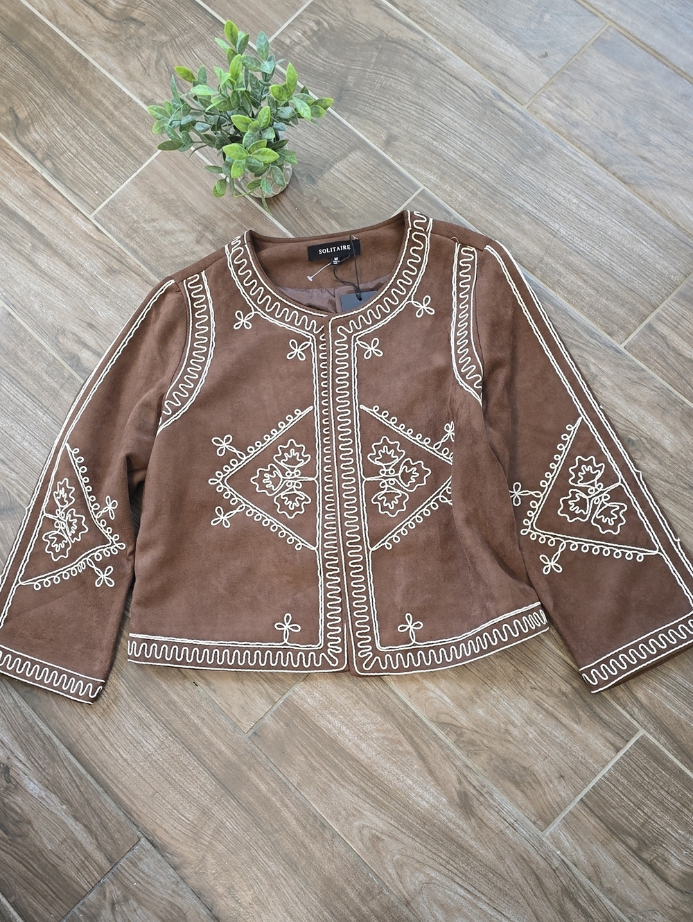 Solitaire Brown Suede Jacket with Cream Embroidery